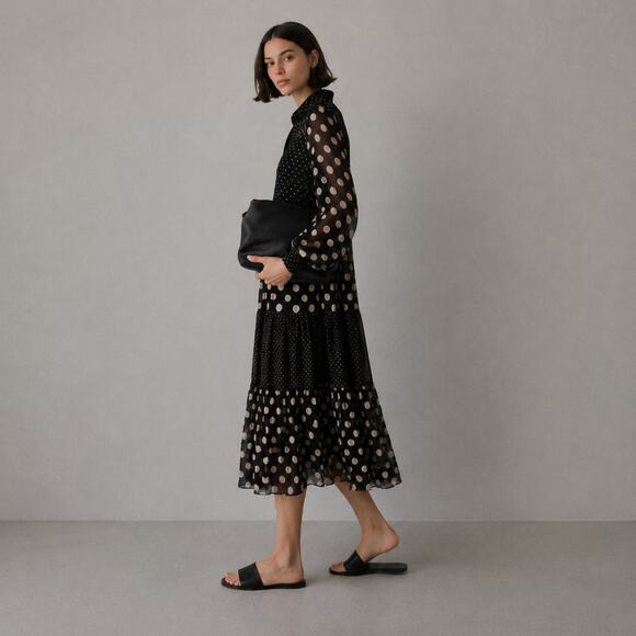 Akris Punto Dresses & Skirts - Akris Punto Polka Dot Tiered Midi Dress Womens 12 Black/Cream Long Sleeve